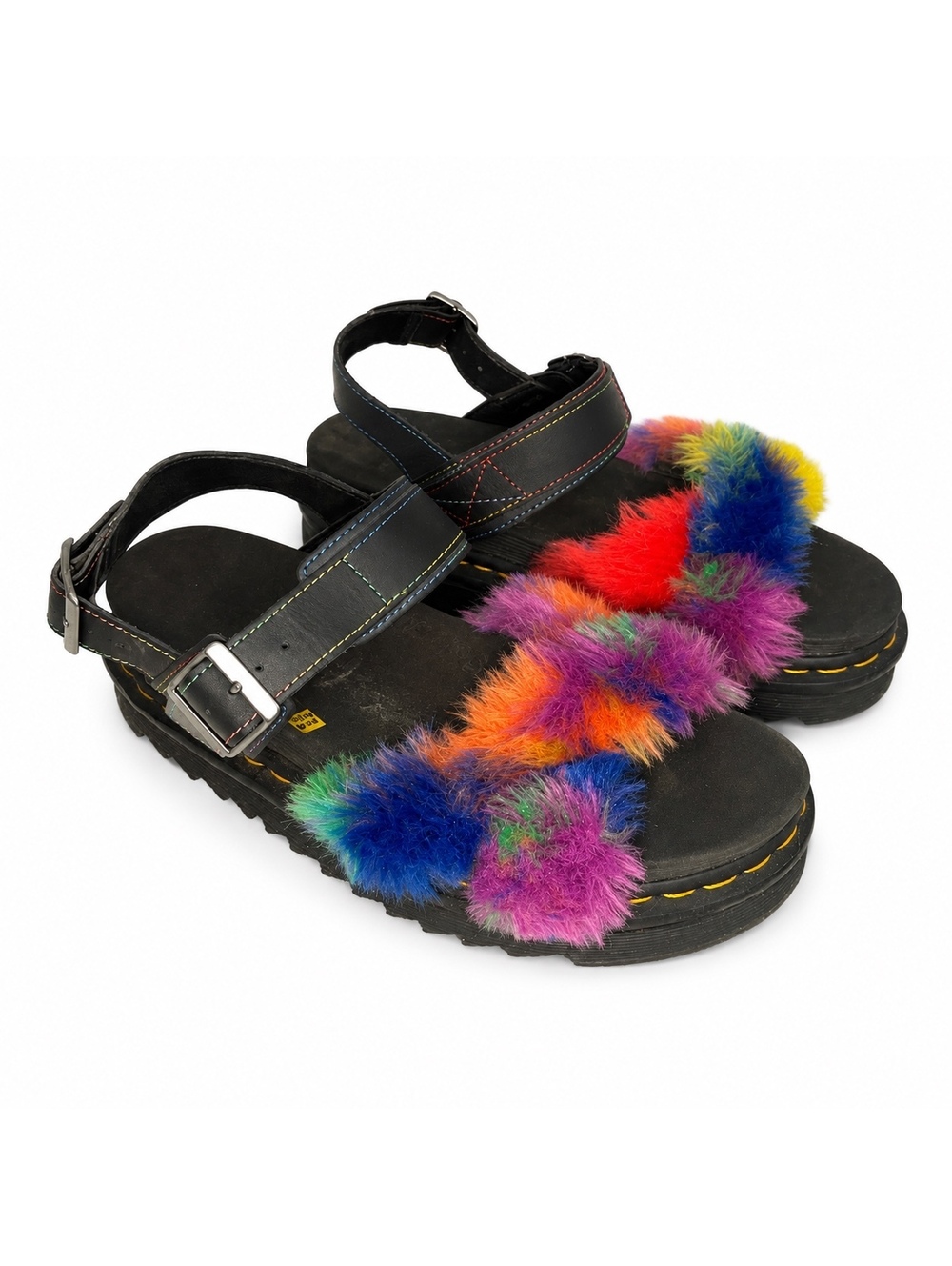 Dr. Martens Voss II Rainbow Faux Fur Sandals Black Platform Size 9